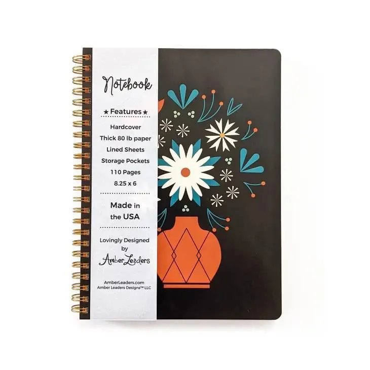 Notebook - Red Vase Floral on Black Spiral Bound by Amber Leaders Designs