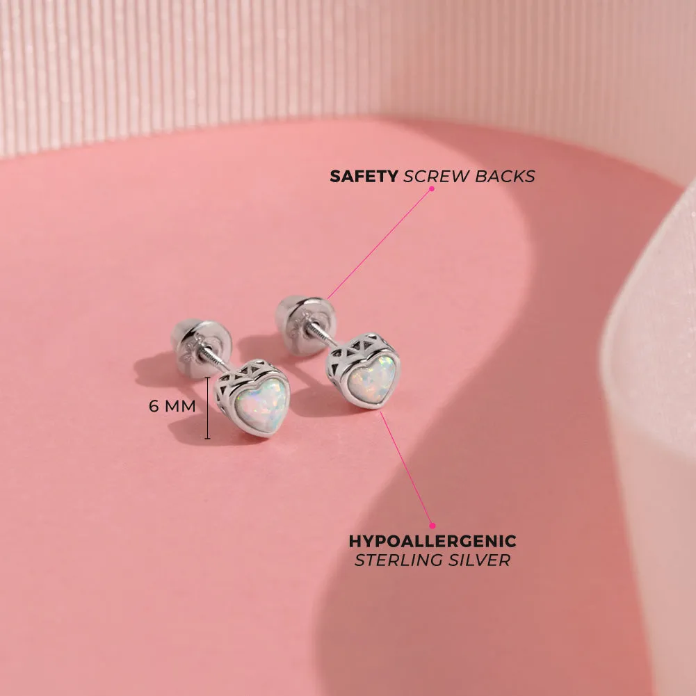 Opal Birthstone Heart Baby / Toddler / Kids Earrings Screw Back - Sterling Silver