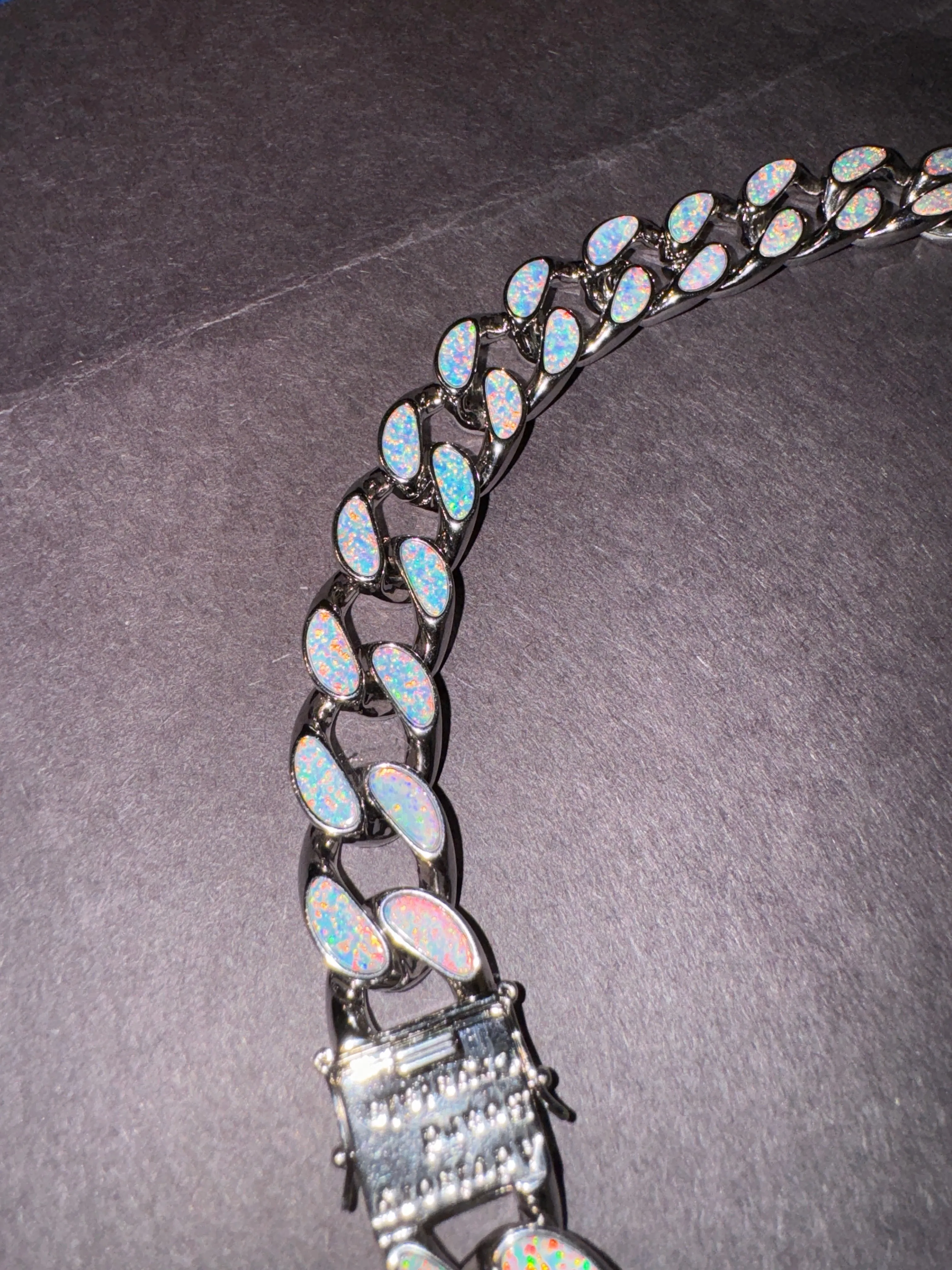 Opal Opal Opal Curb Link Necklace (Fire and Snow)