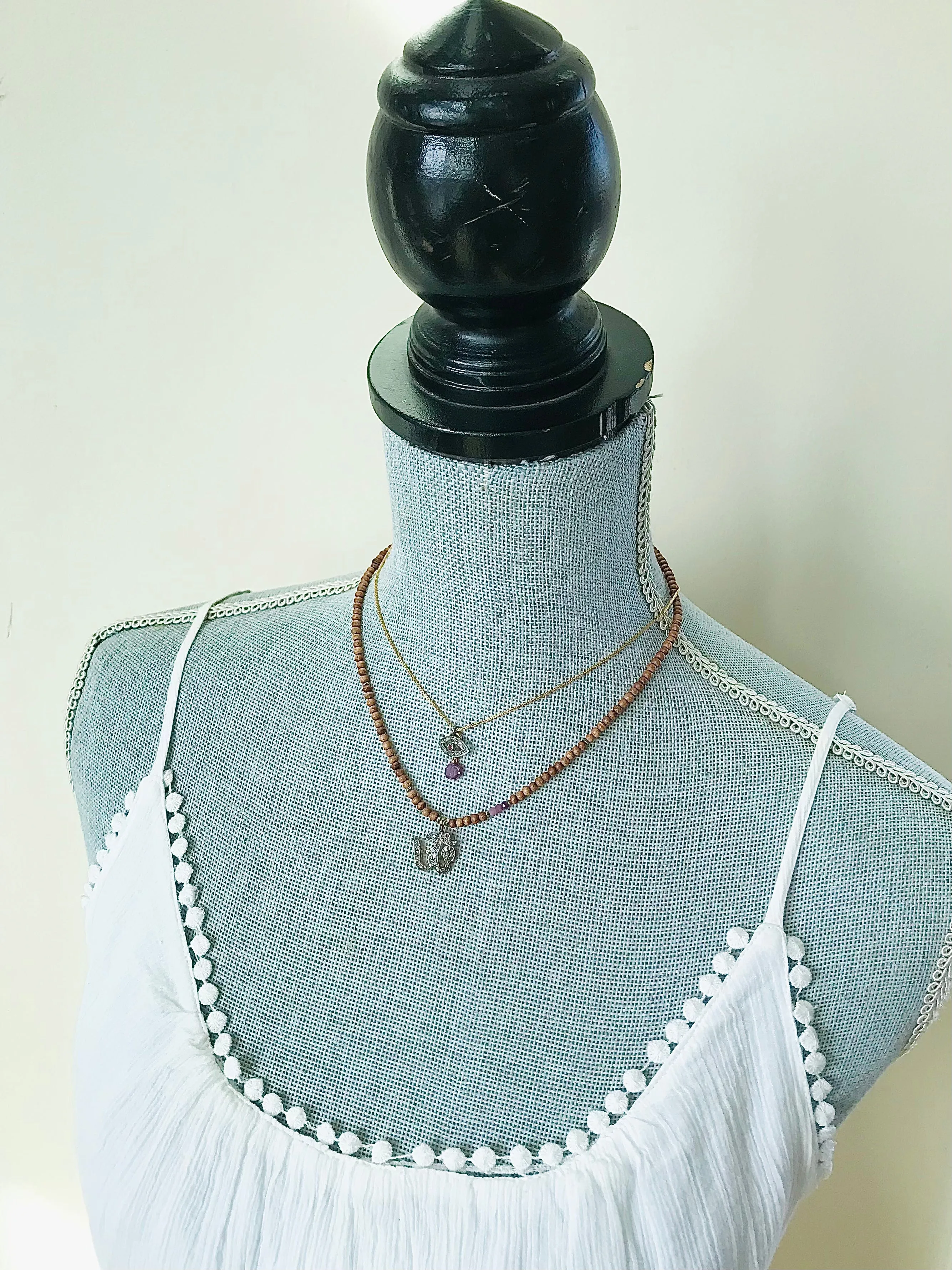 Pave Diamond Om & Ruby Sandalwood Necklace