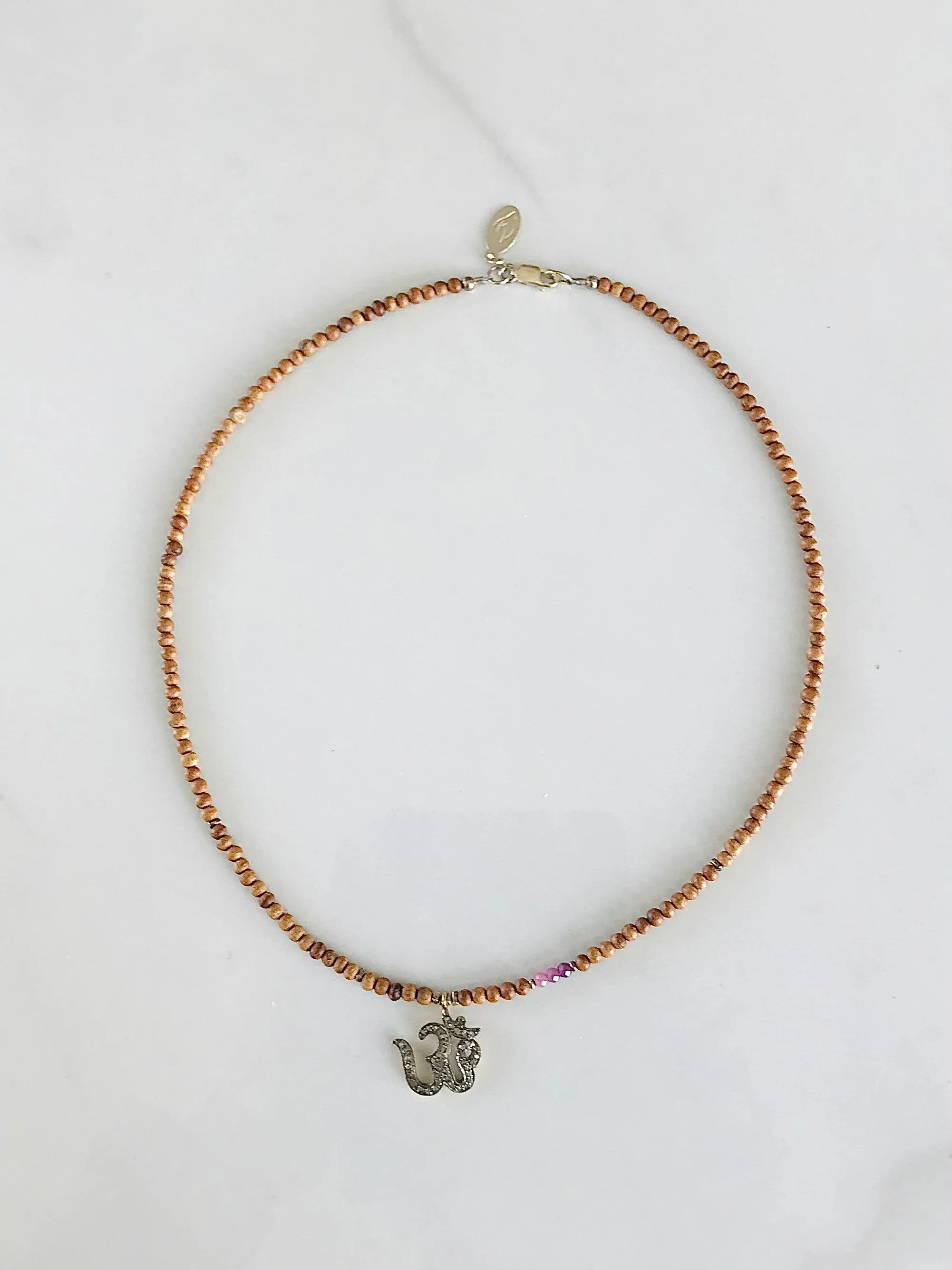 Pave Diamond Om & Ruby Sandalwood Necklace
