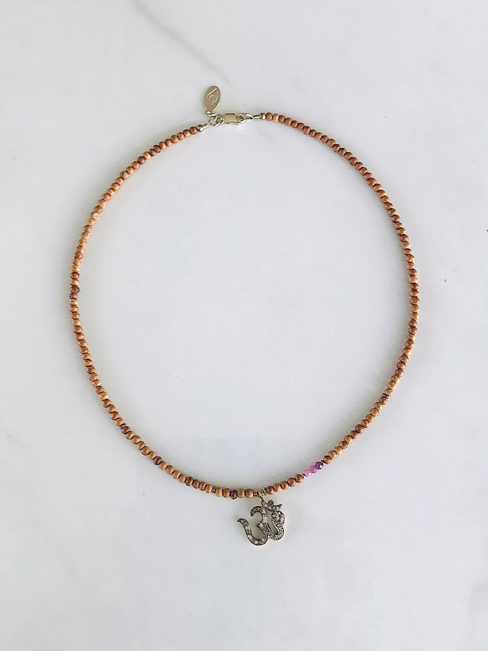 Pave Diamond Om & Ruby Sandalwood Necklace