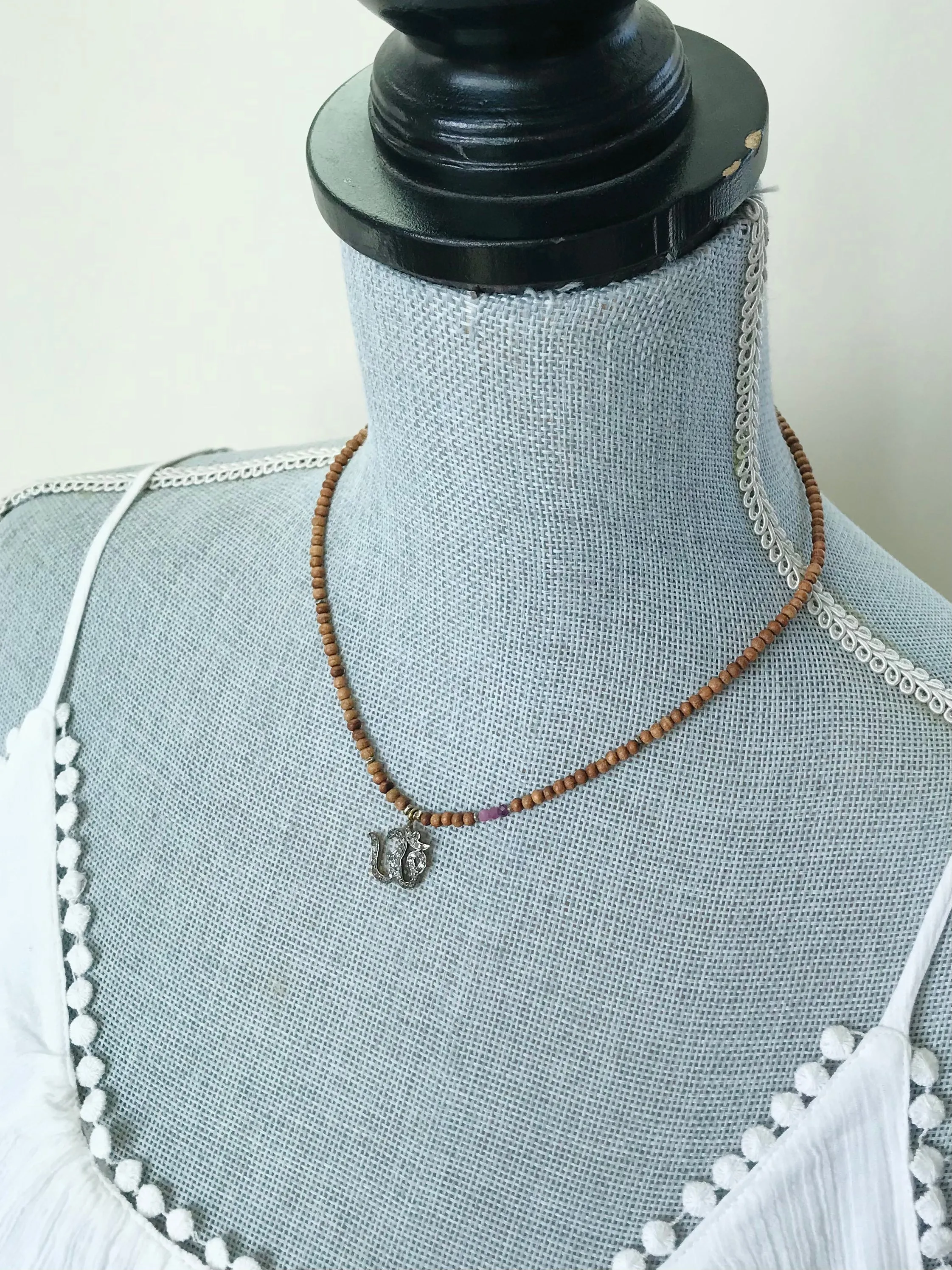 Pave Diamond Om & Ruby Sandalwood Necklace