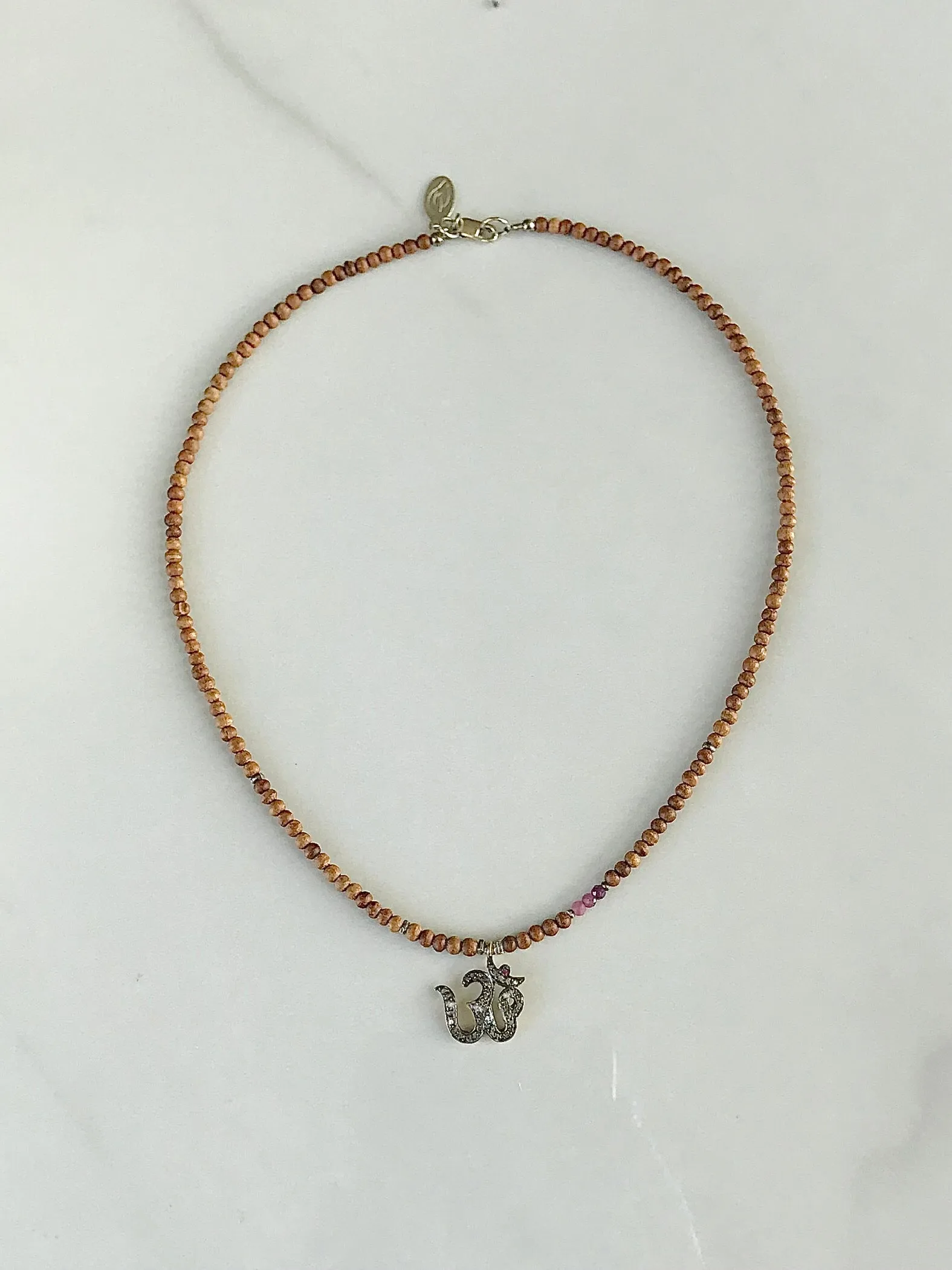 Pave Diamond Om & Ruby Sandalwood Necklace