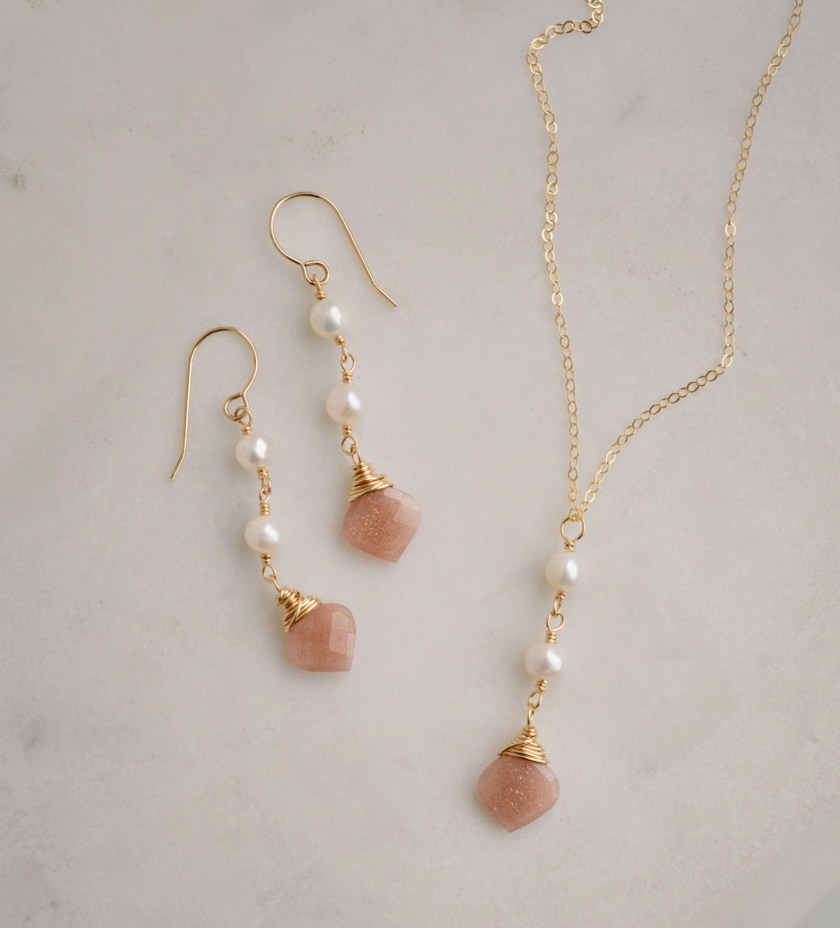 Peach Moonstone and Pearl Dangle Earrings