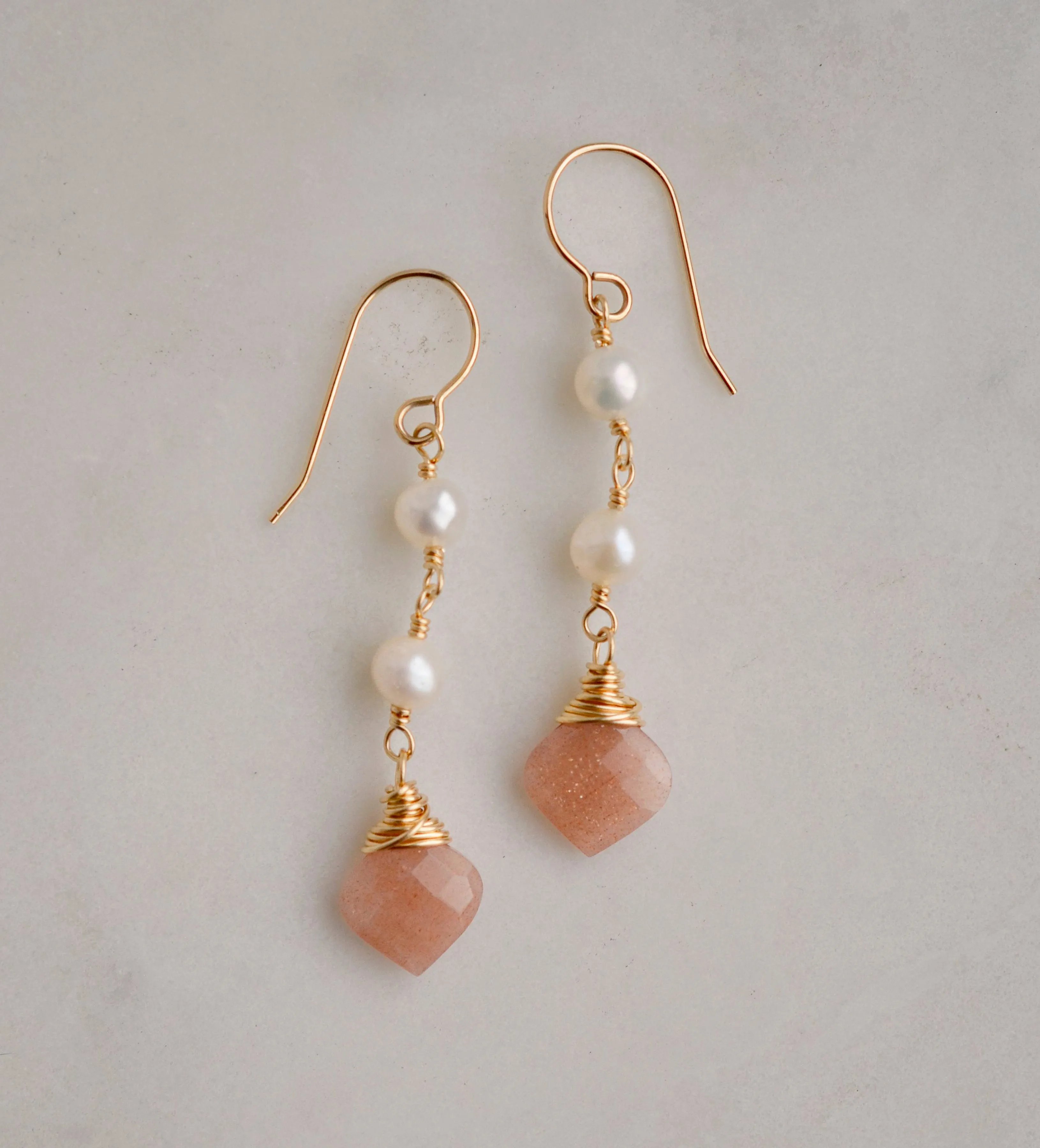 Peach Moonstone and Pearl Dangle Earrings