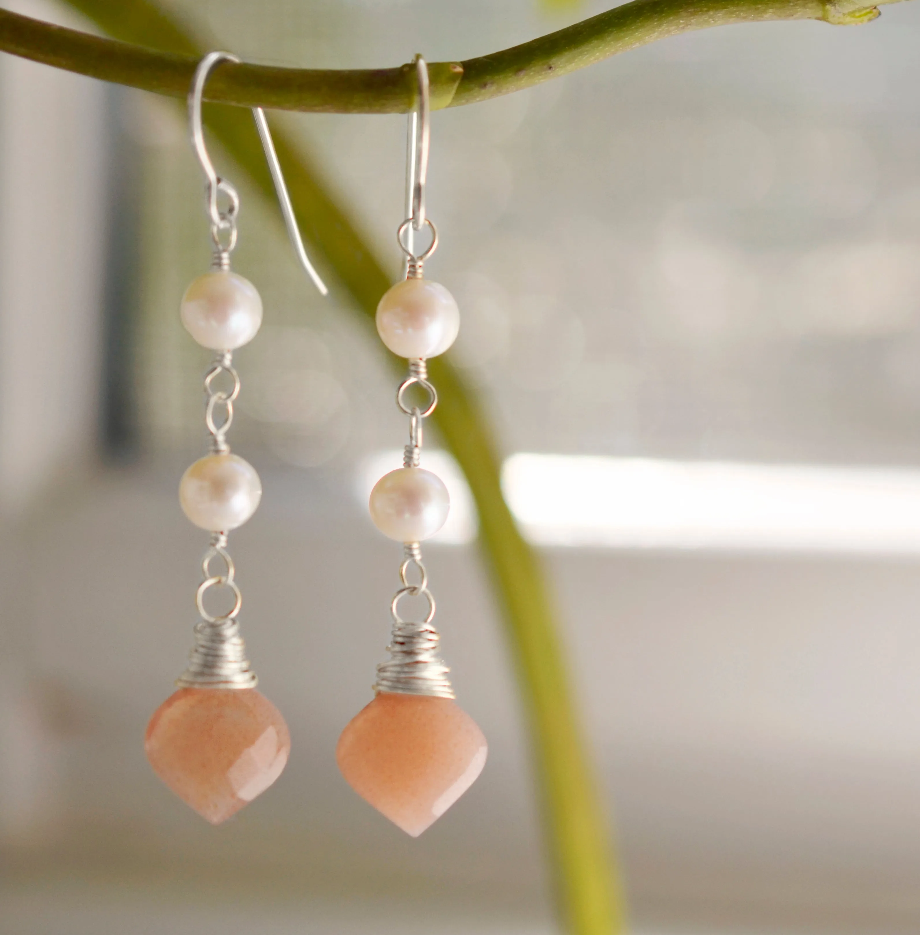 Peach Moonstone and Pearl Dangle Earrings