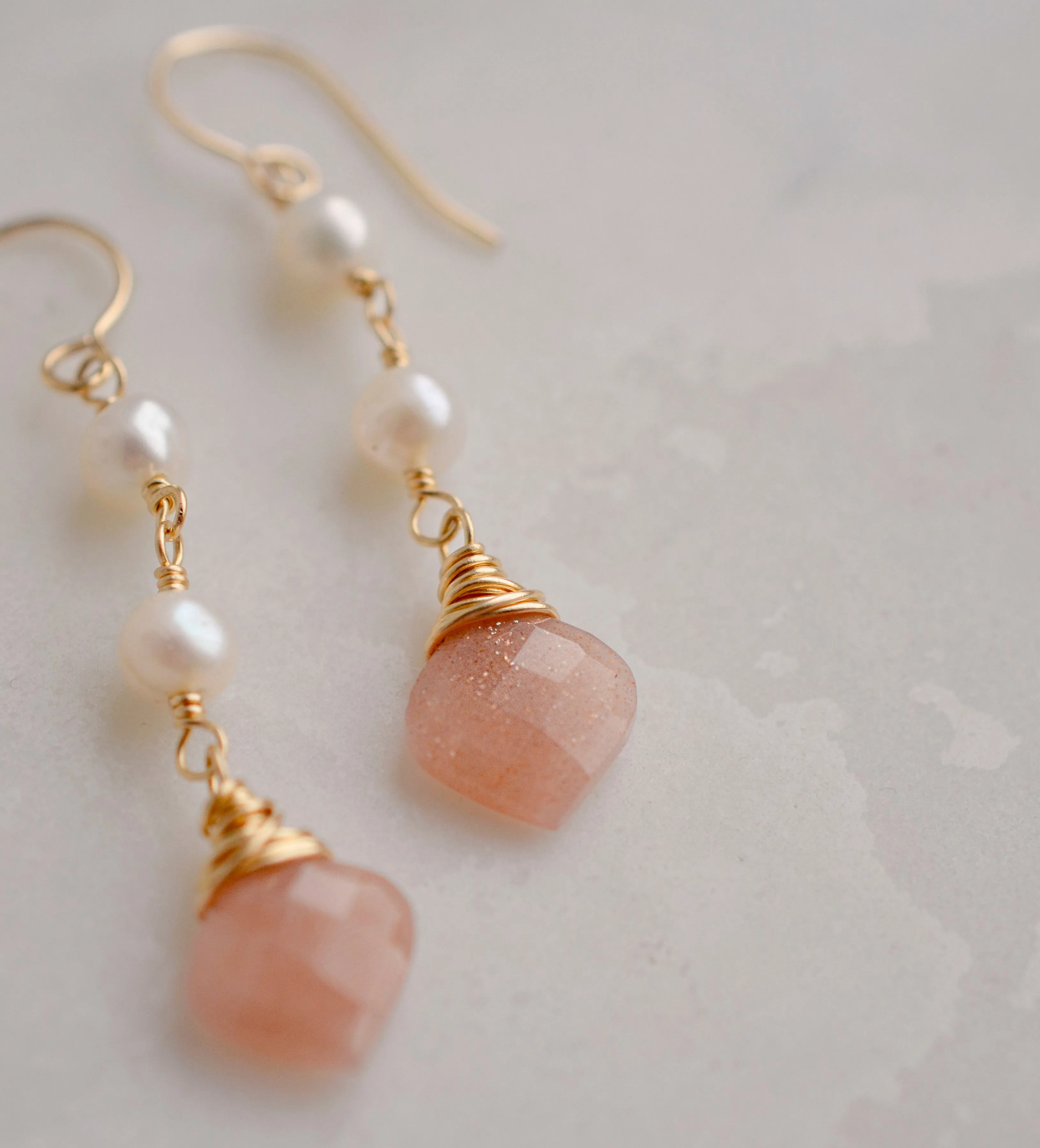 Peach Moonstone and Pearl Dangle Earrings