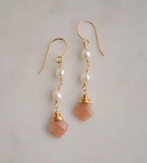 Peach Moonstone and Pearl Dangle Earrings
