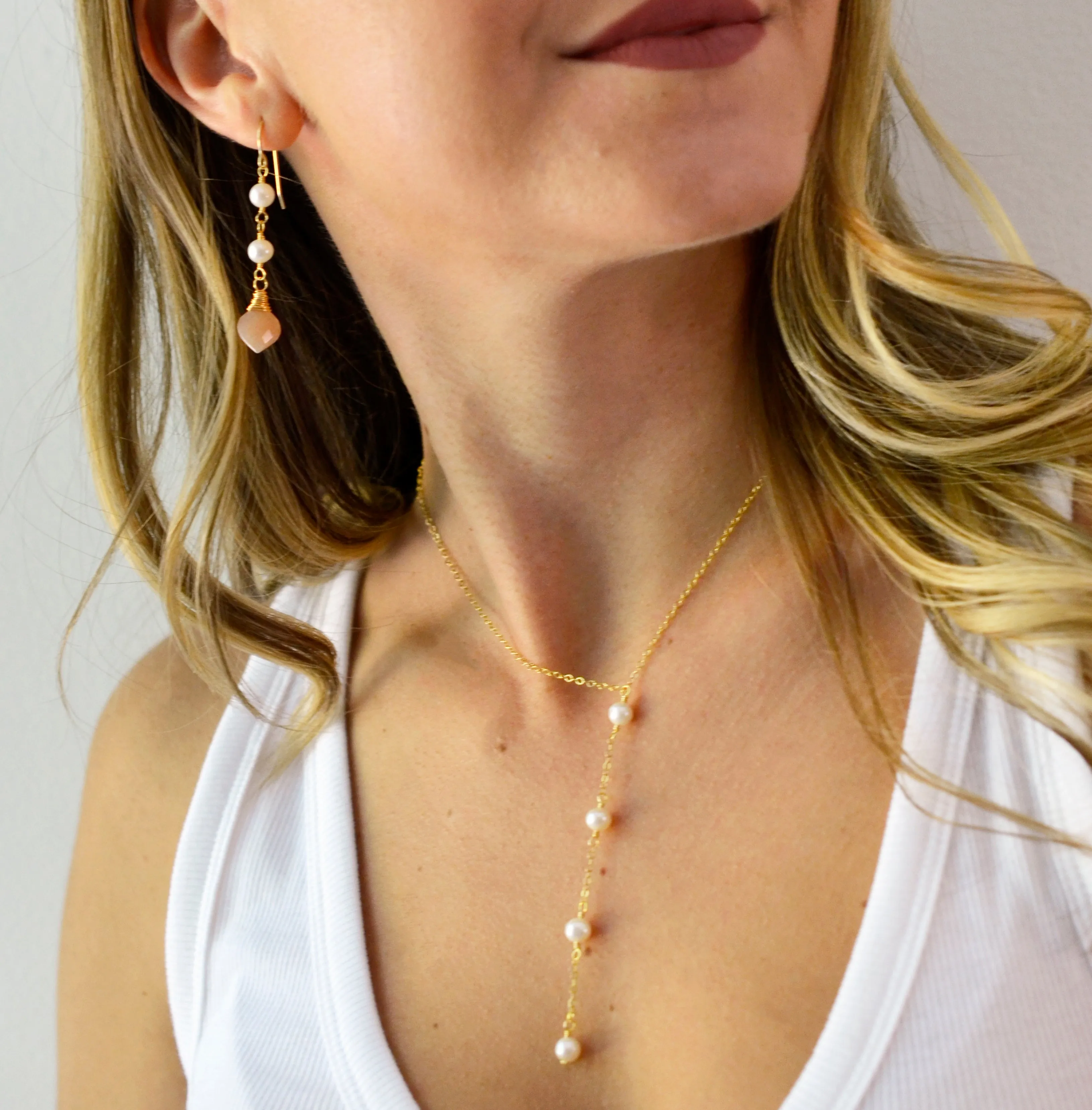Peach Moonstone and Pearl Dangle Earrings