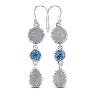 Rainbow moonstone & Blue Topaz Silver Earrings