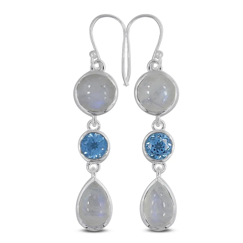 Rainbow moonstone & Blue Topaz Silver Earrings