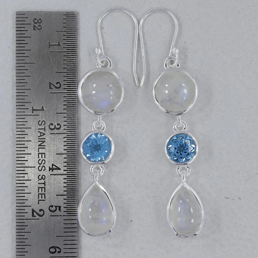 Rainbow moonstone & Blue Topaz Silver Earrings