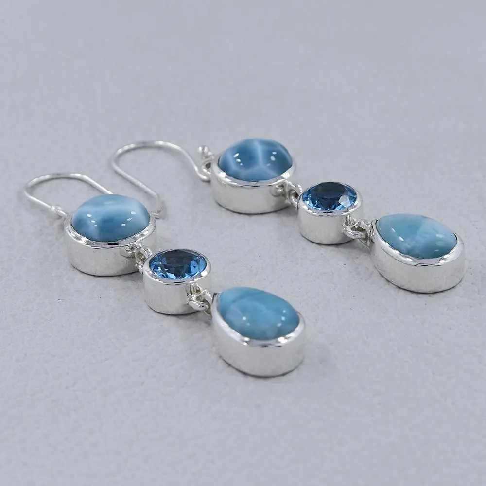 Rainbow moonstone & Blue Topaz Silver Earrings