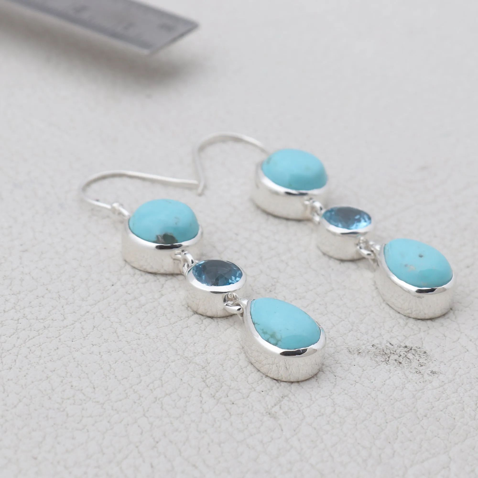 Rainbow moonstone & Blue Topaz Silver Earrings