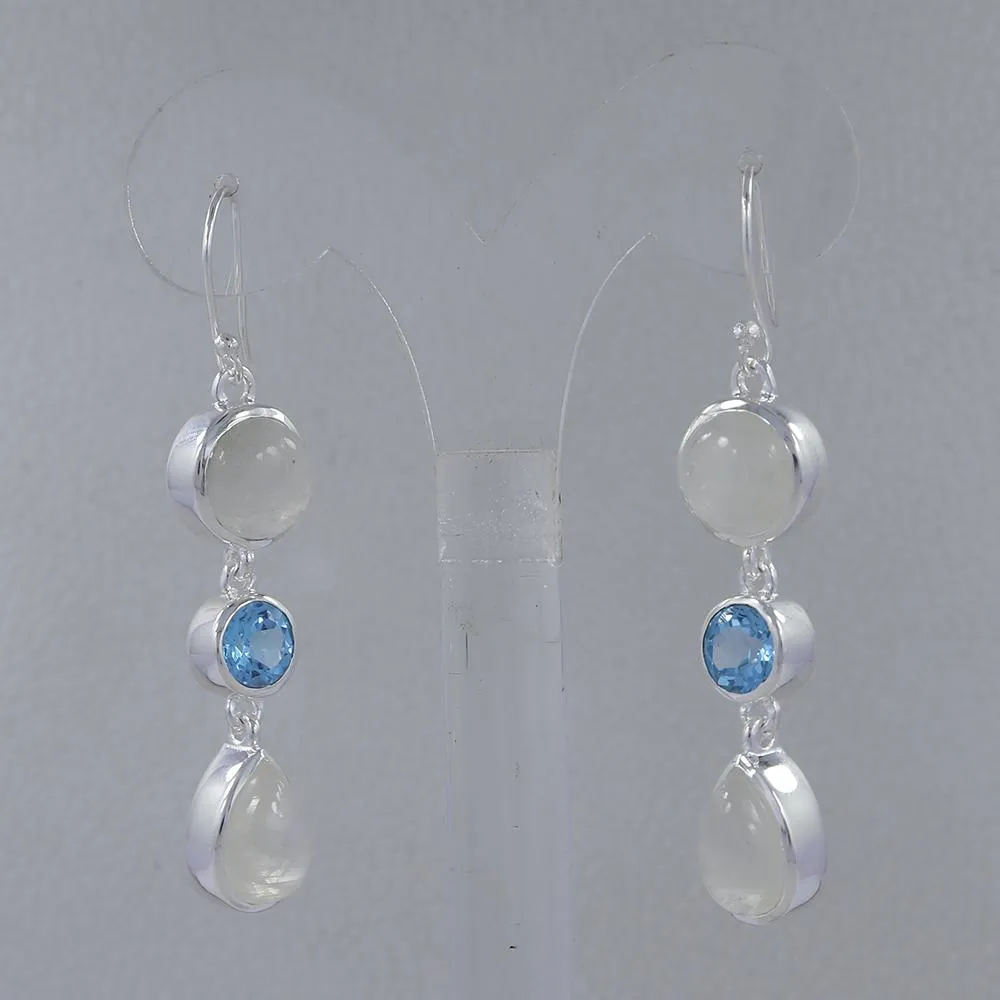 Rainbow moonstone & Blue Topaz Silver Earrings