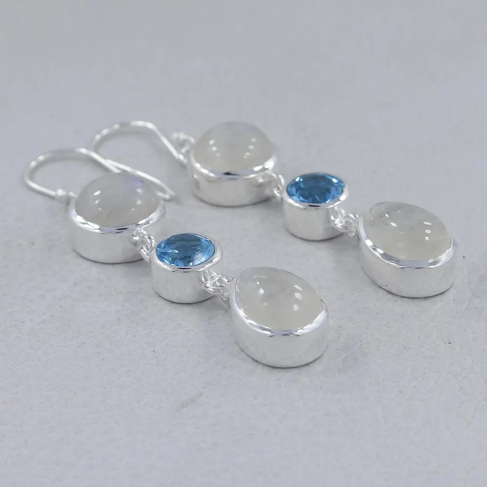 Rainbow moonstone & Blue Topaz Silver Earrings