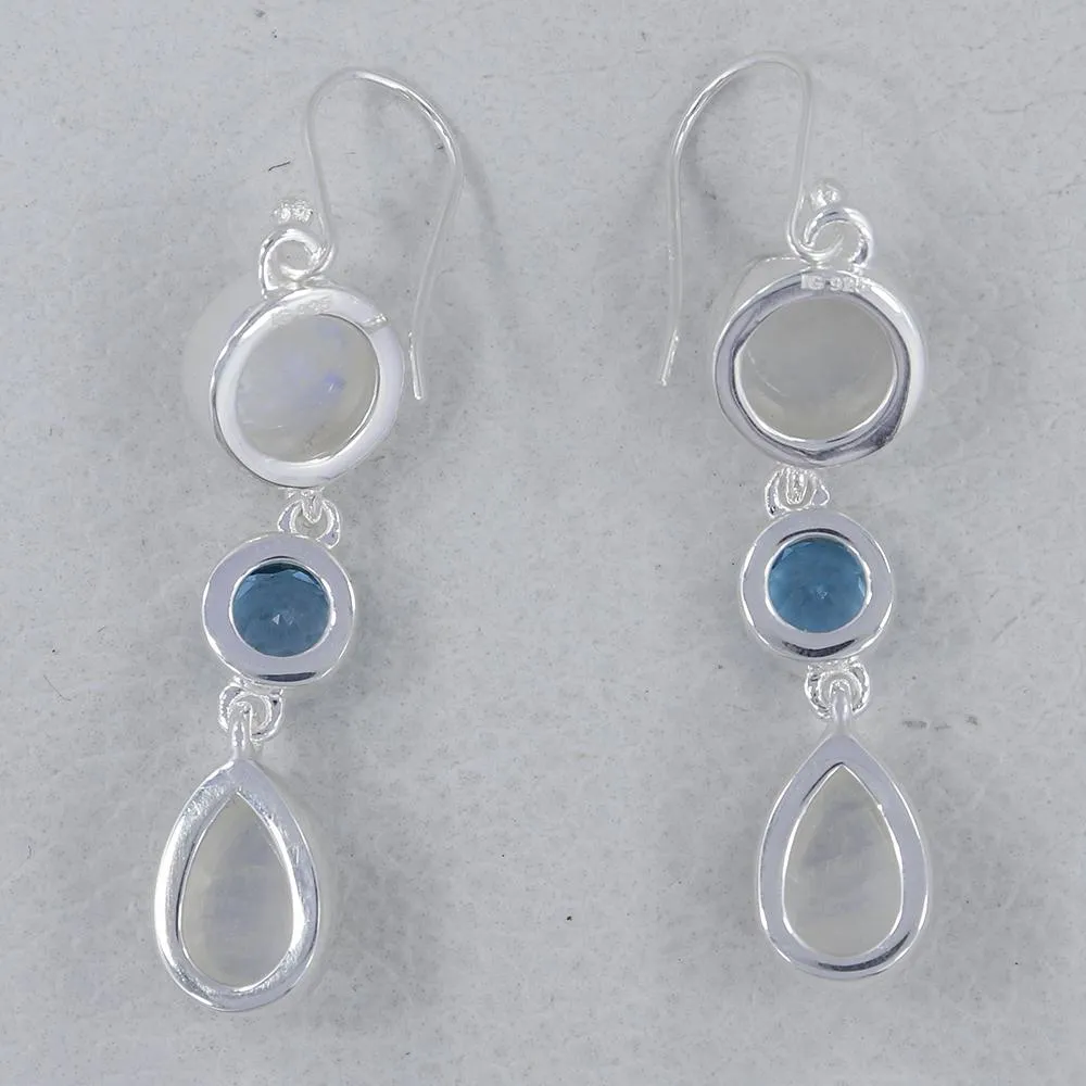 Rainbow moonstone & Blue Topaz Silver Earrings