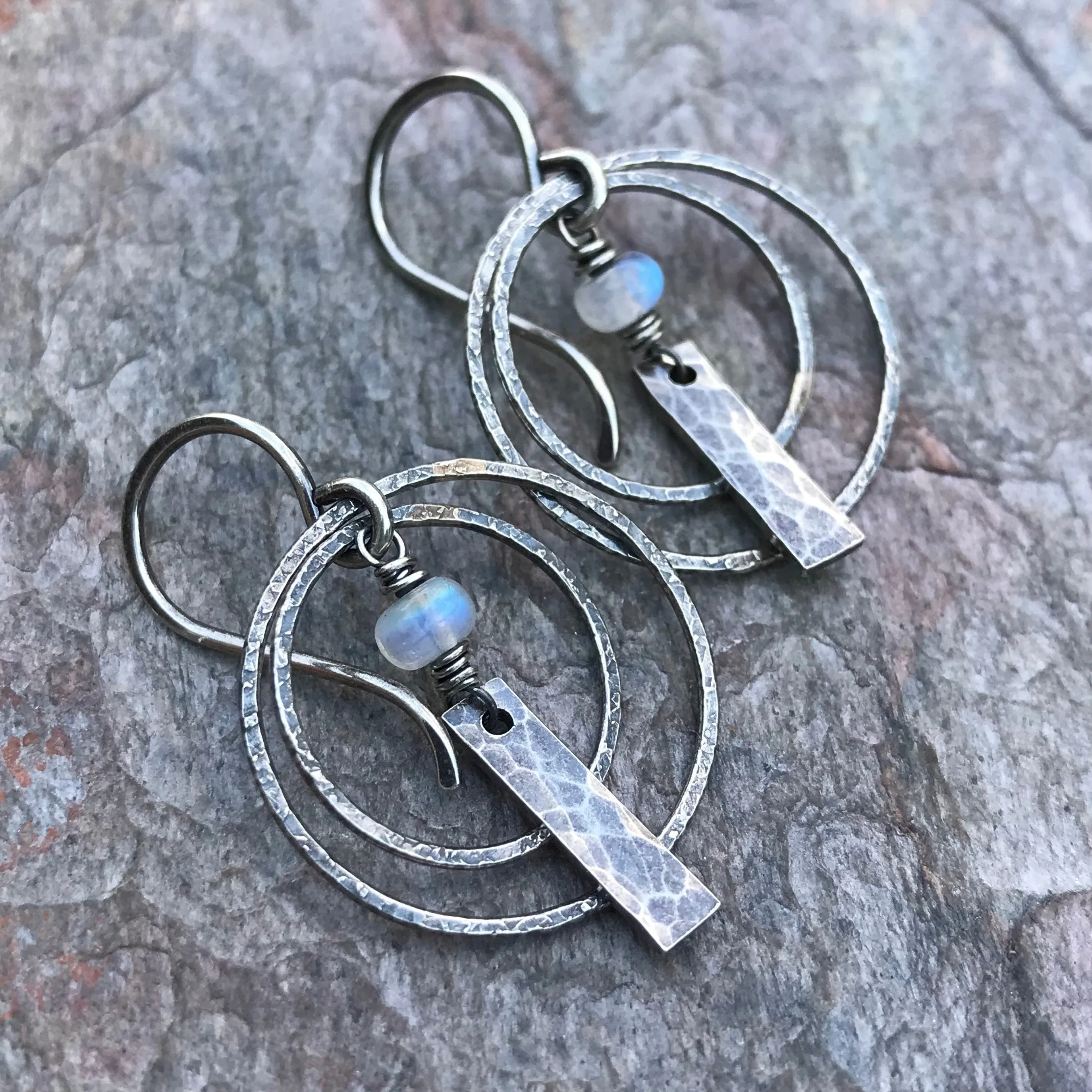 Rainbow Moonstone Sterling Silver Earrings - Rainbow Moonstone Circle and Bar Earrings