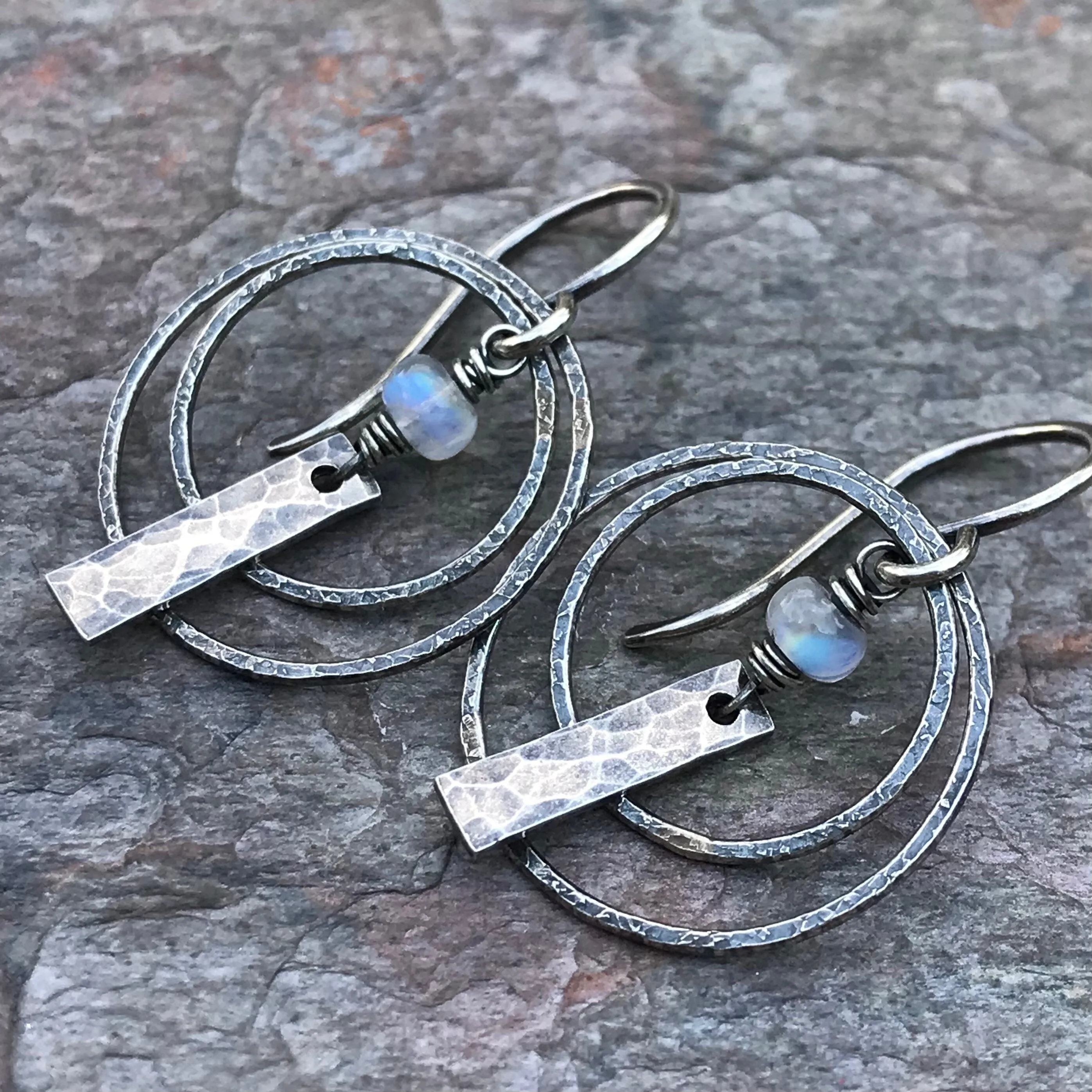 Rainbow Moonstone Sterling Silver Earrings - Rainbow Moonstone Circle and Bar Earrings