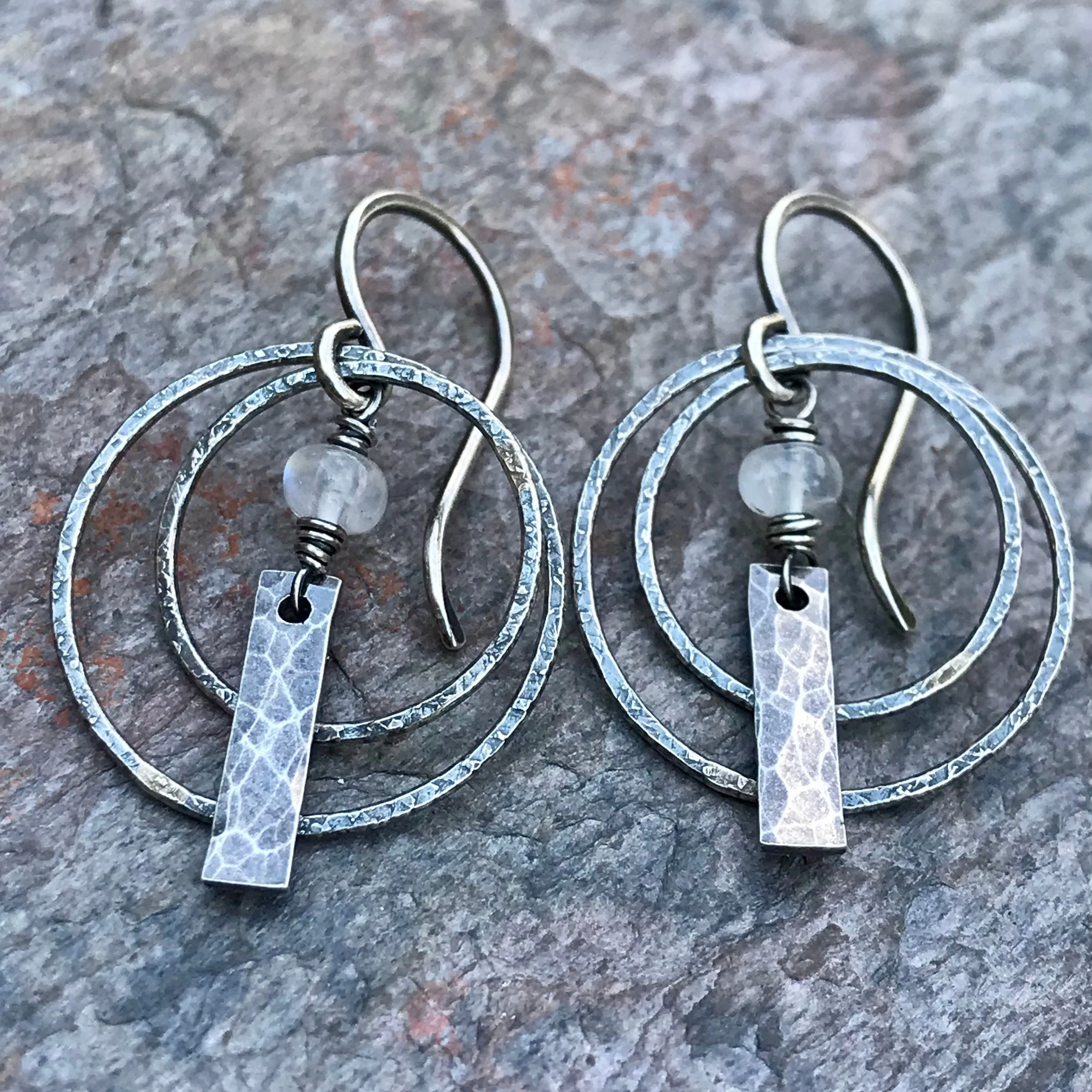 Rainbow Moonstone Sterling Silver Earrings - Rainbow Moonstone Circle and Bar Earrings