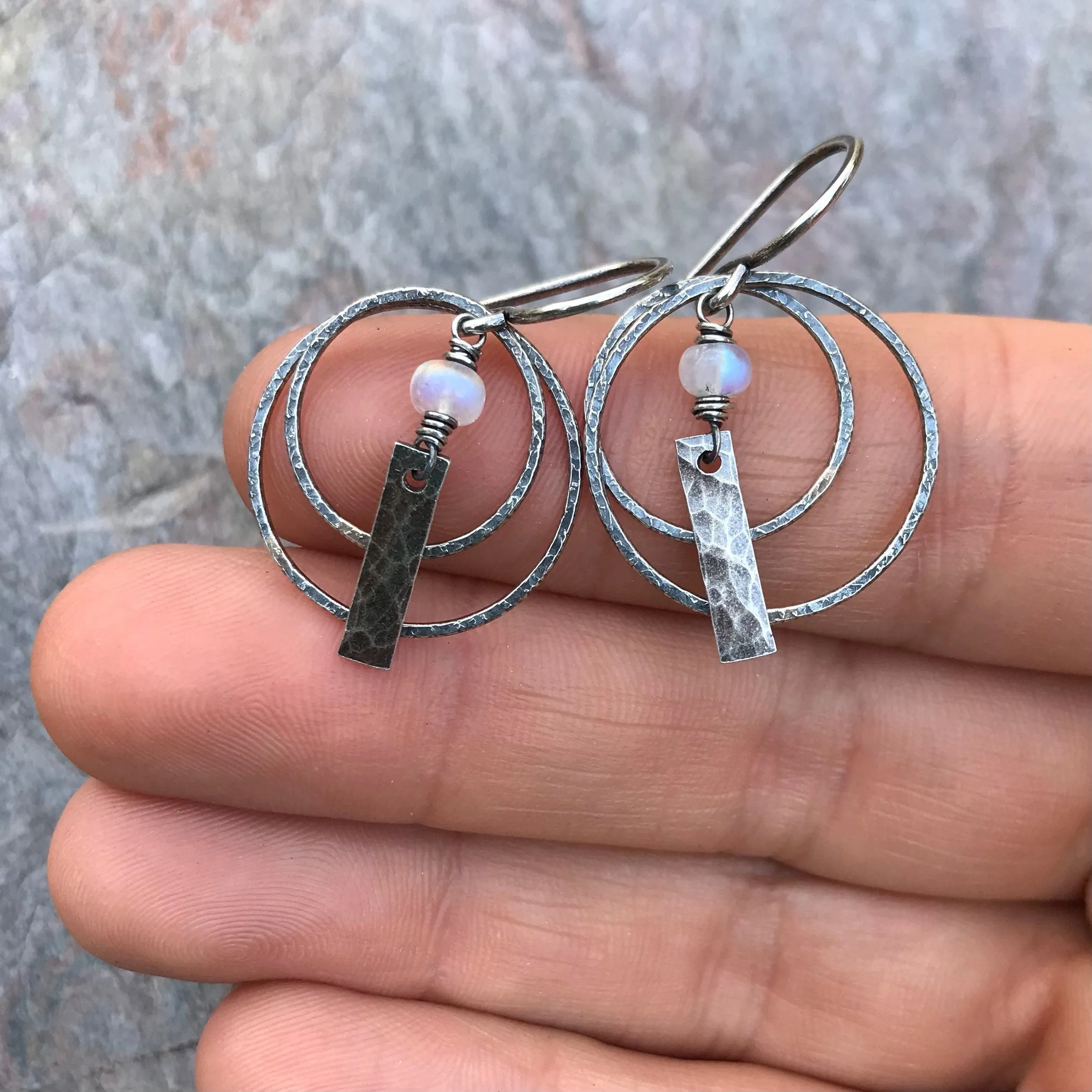 Rainbow Moonstone Sterling Silver Earrings - Rainbow Moonstone Circle and Bar Earrings