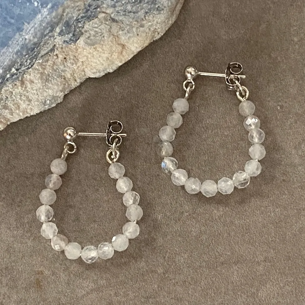 Rainbow Moonstone Stud Hoop Sterling Silver Earrings