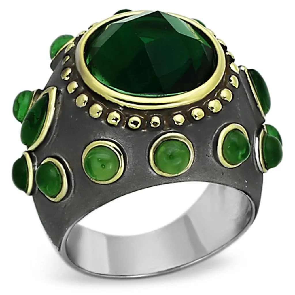 Reverse Two-Tone Brass Ring with Synthetic Synthetic Glass in Emerald for Women Style LOA881