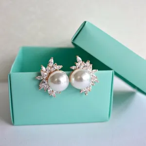 Rose Gold Bridal Pearl Stud Earrings, Pearl Marquise CZ Leaf Crystals Wedding Stud Earrings, Vintage Style Art Deco Bridal Earrings