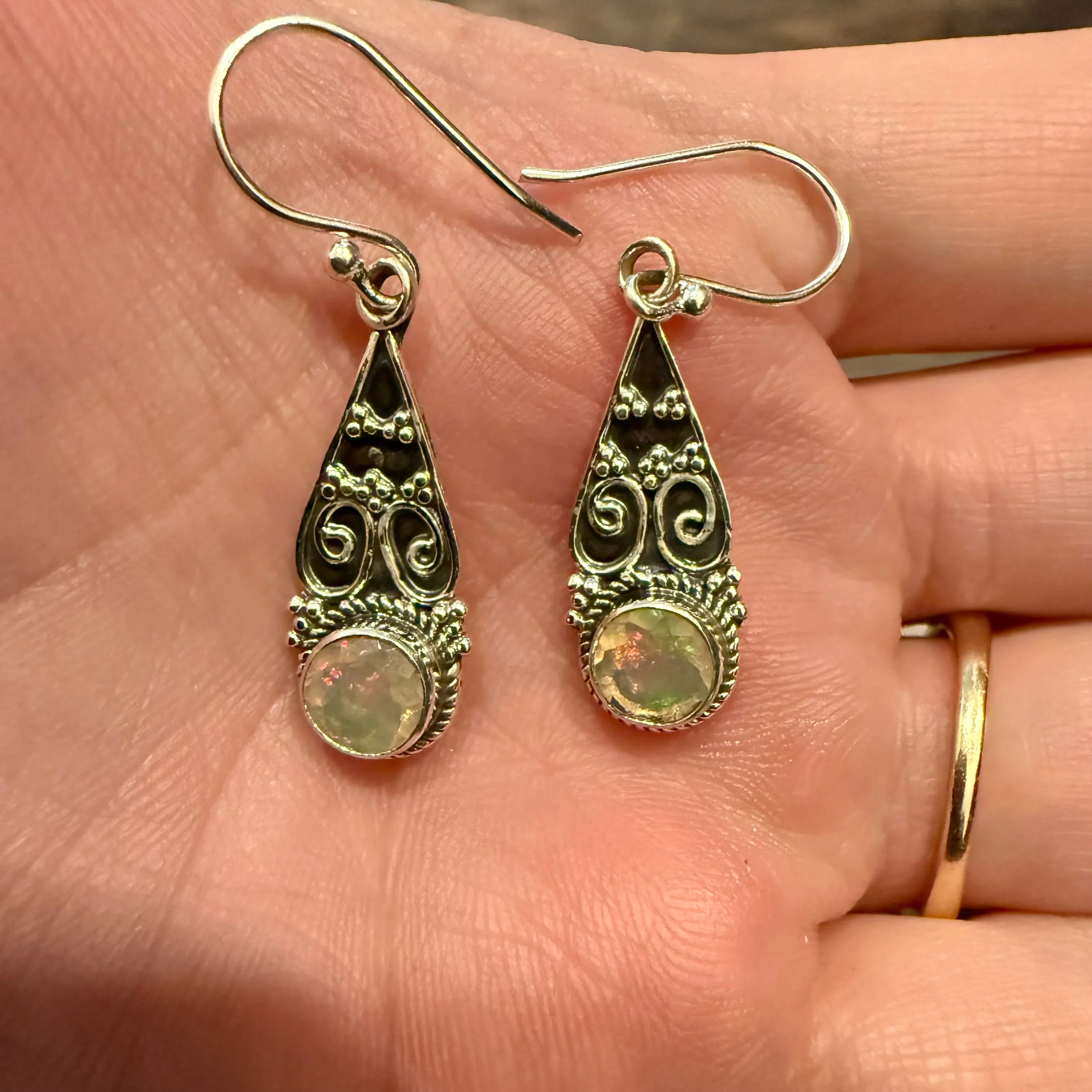 Round Ethiopian Fire Opal Dangle Earrings Southwestern Sterling Silver Teardrop
