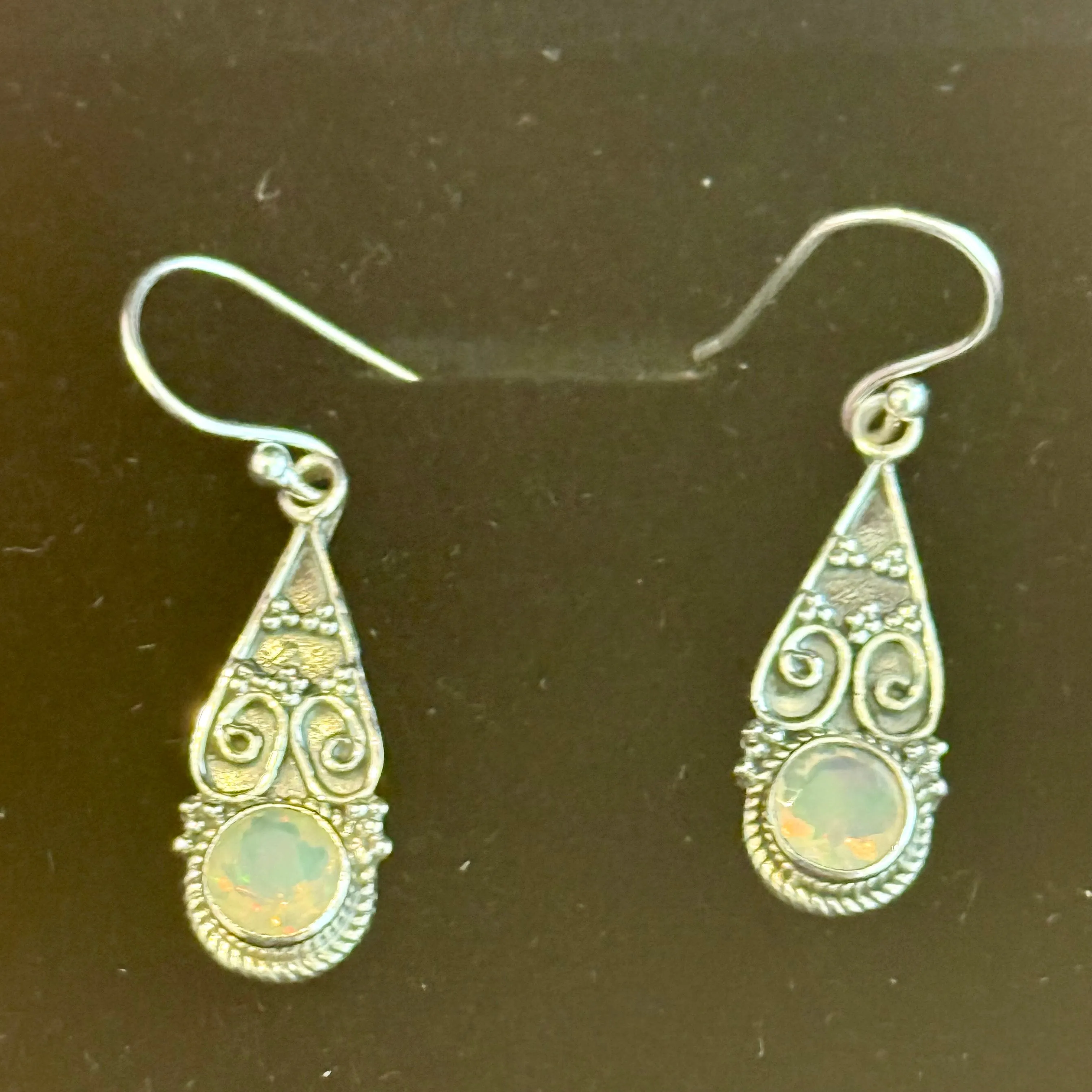 Round Ethiopian Fire Opal Dangle Earrings Southwestern Sterling Silver Teardrop