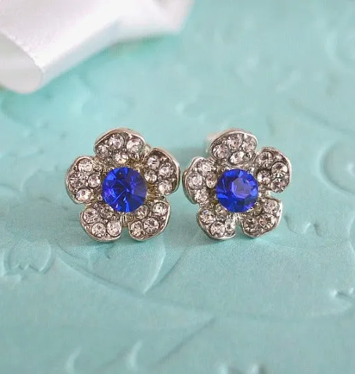 Sapphire Blue Crystal Wedding Stud Earrings, Flower Stud Earrings, Bridal Stud Earrings, Blue Wedding Earrings, Bridesmaid Earrings