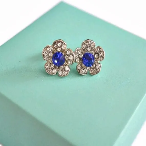 Sapphire Blue Crystal Wedding Stud Earrings, Flower Stud Earrings, Bridal Stud Earrings, Blue Wedding Earrings, Bridesmaid Earrings