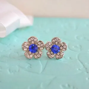 Sapphire Blue Crystal Wedding Stud Earrings, Flower Stud Earrings, Bridal Stud Earrings, Blue Wedding Earrings, Bridesmaid Earrings