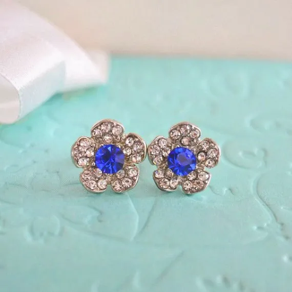Sapphire Blue Crystal Wedding Stud Earrings, Flower Stud Earrings, Bridal Stud Earrings, Blue Wedding Earrings, Bridesmaid Earrings
