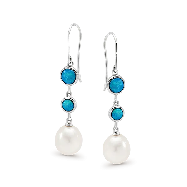 Sterling Silver Light Solid Opal with Freshwater Pearl Hook Earrings