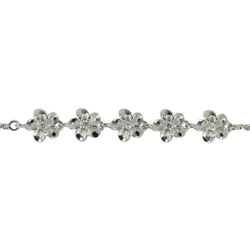 Sterling Silver Rhodium Plated 8mm Plumeria with CZ Rope Chain Bracelet