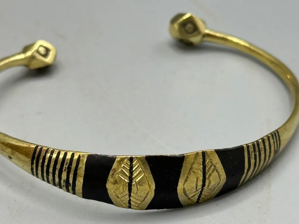 Tuareg Heavier Triple Large Inlay Multiple Stripe Etched Wider Flat Brass Bracelet