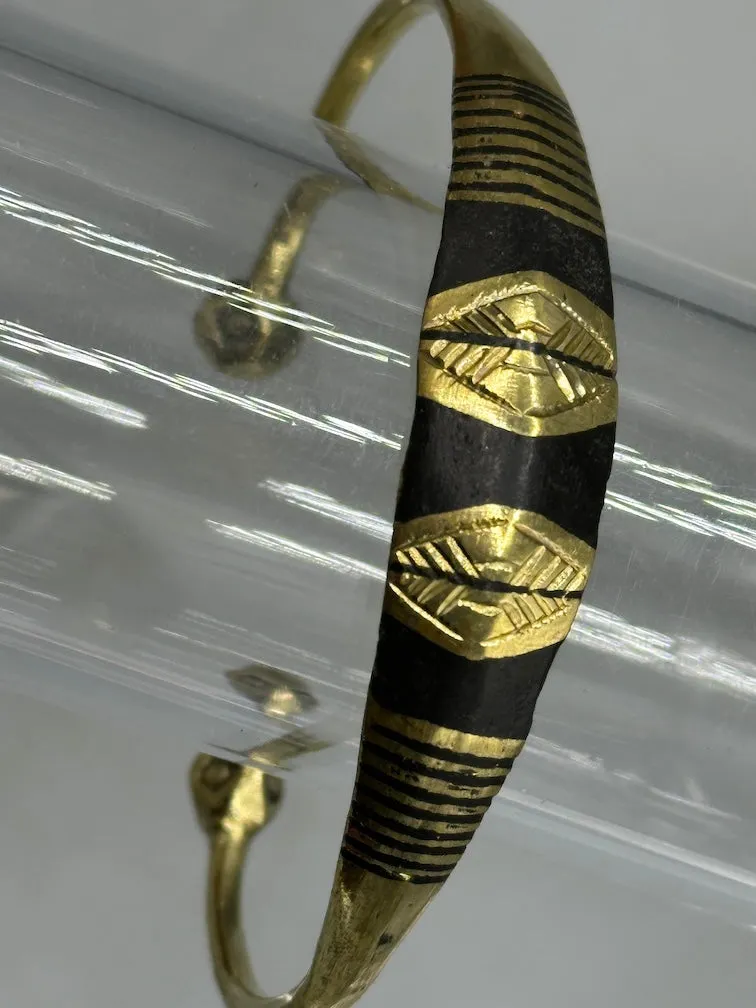 Tuareg Heavier Triple Large Inlay Multiple Stripe Etched Wider Flat Brass Bracelet