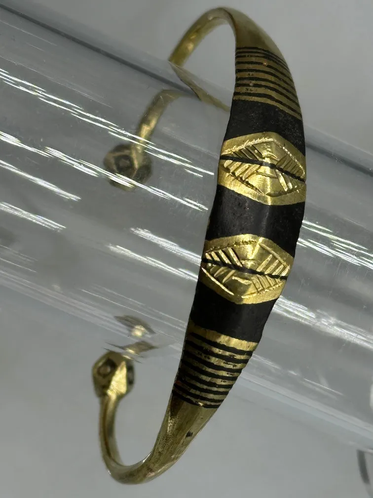 Tuareg Heavier Triple Large Inlay Multiple Stripe Etched Wider Flat Brass Bracelet