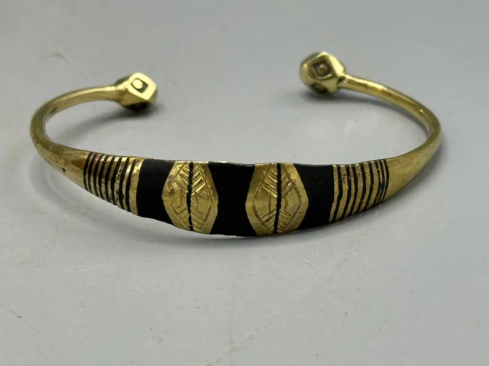 Tuareg Heavier Triple Large Inlay Multiple Stripe Etched Wider Flat Brass Bracelet
