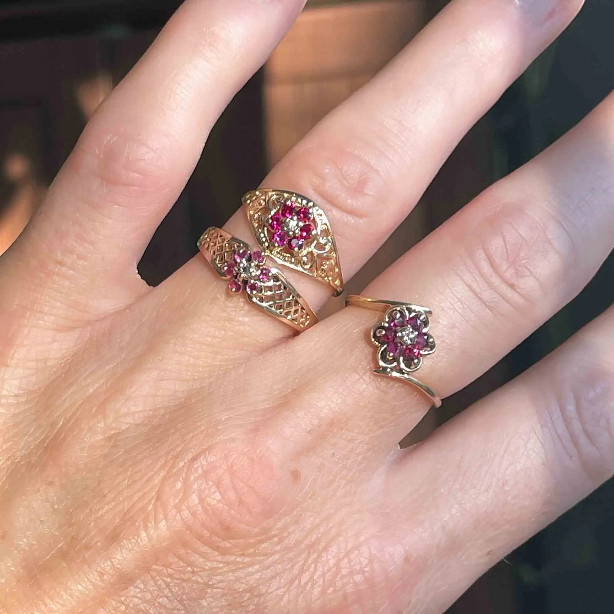 Vintage 10K Gold Diamond Ruby Cluster Statement Ring