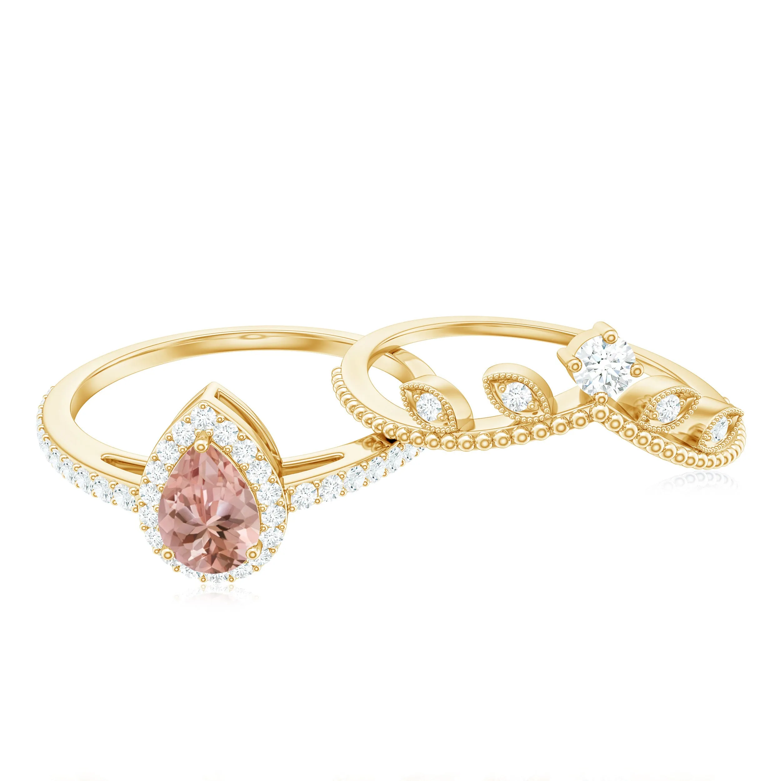 Vintage Inspired Morganite Teardrop Wedding Ring Set with Diamond