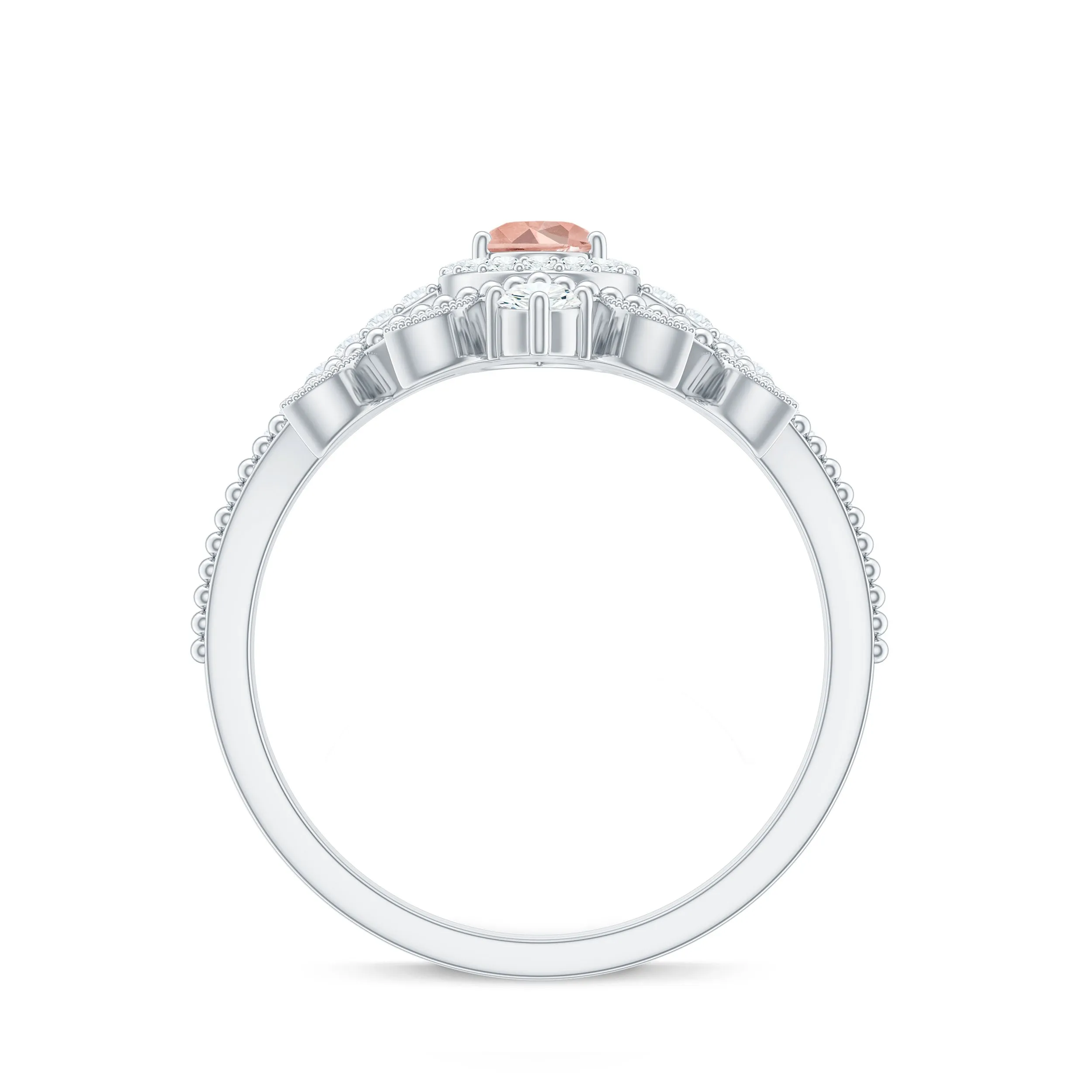 Vintage Inspired Morganite Teardrop Wedding Ring Set with Diamond