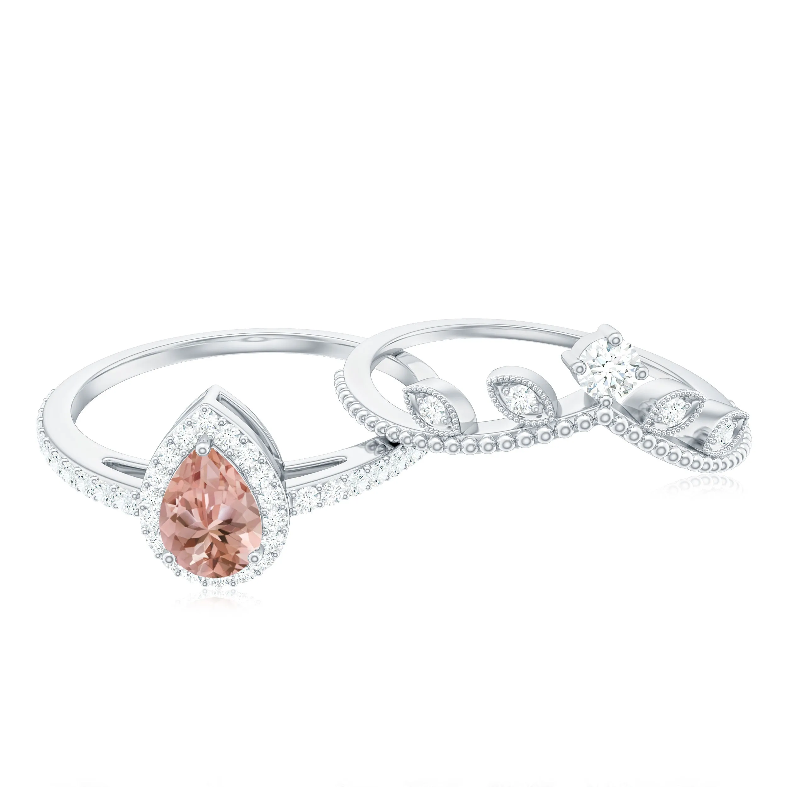 Vintage Inspired Morganite Teardrop Wedding Ring Set with Diamond