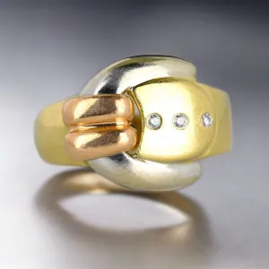 Vintage Retro Tricolor 14k Gold Diamond Buckle Ring Band
