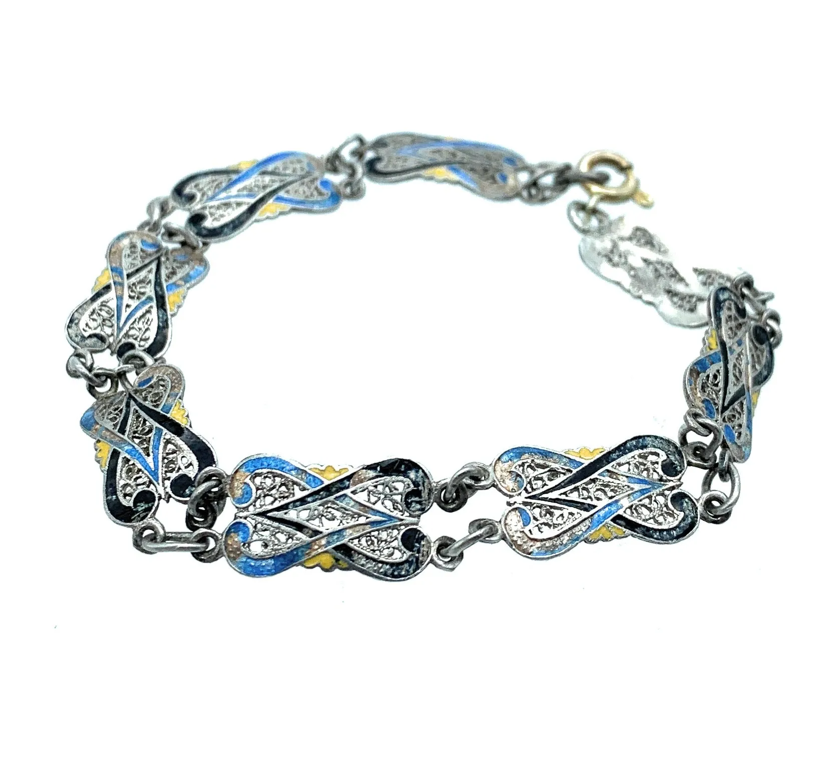 Vintage Sterling Silver Filigree Scroll & Enamel Inlay Chain Link Bracelet