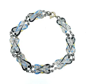 Vintage Sterling Silver Filigree Scroll & Enamel Inlay Chain Link Bracelet