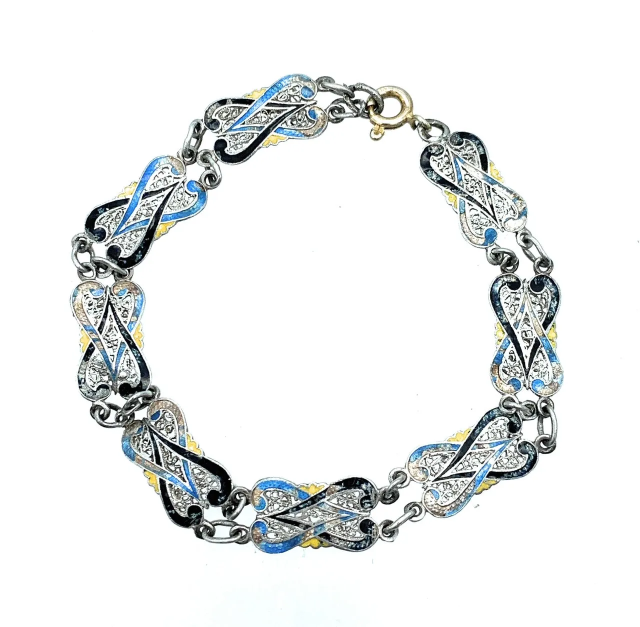 Vintage Sterling Silver Filigree Scroll & Enamel Inlay Chain Link Bracelet
