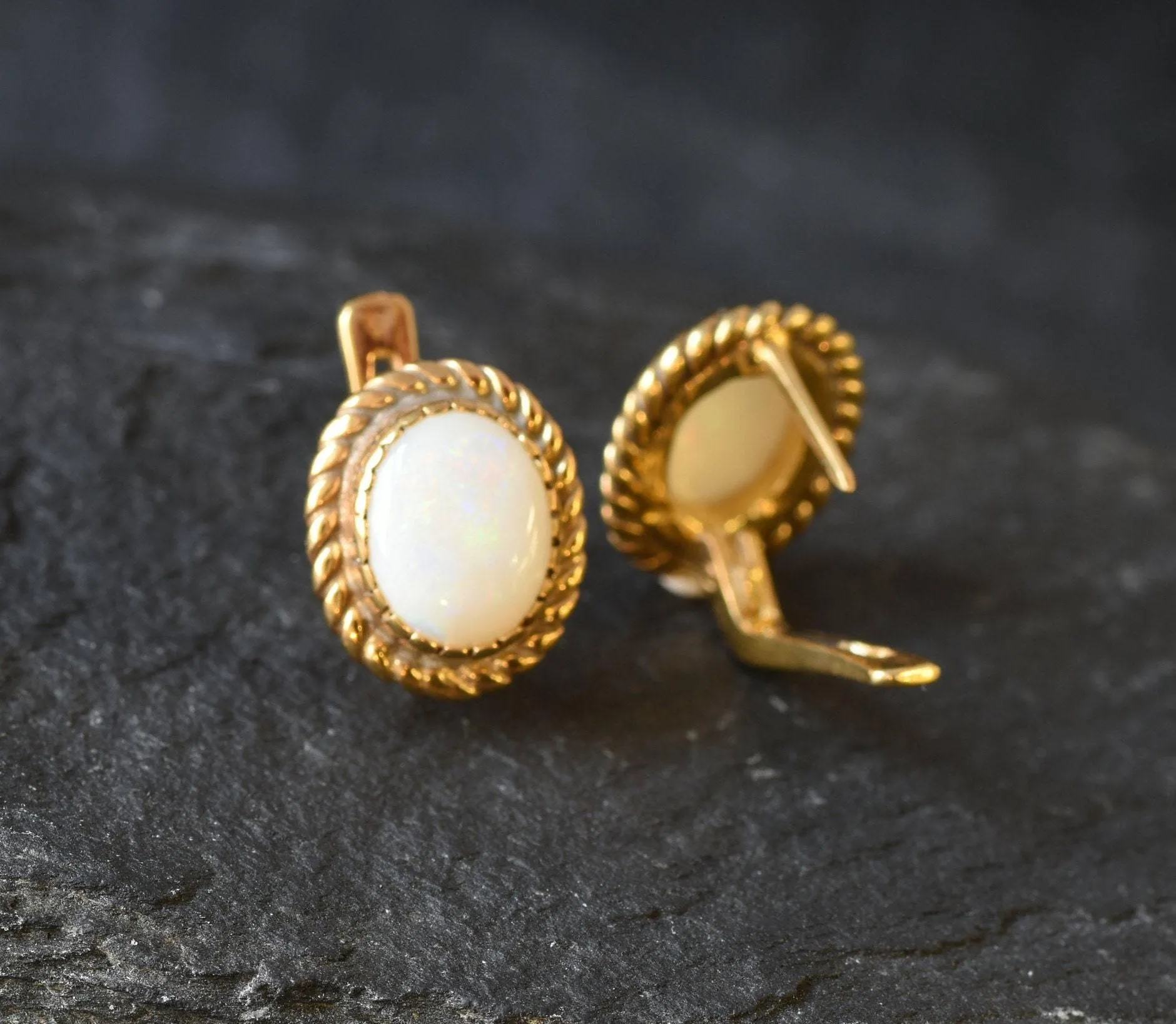 White Opal Earrings - Gold Bridal Earrings, Natural Australian Opal